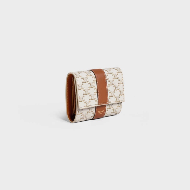 Celine Small Trifold In Triomphe Canvas And Lambskin Geldbörse Weiß Braun | CL-593005