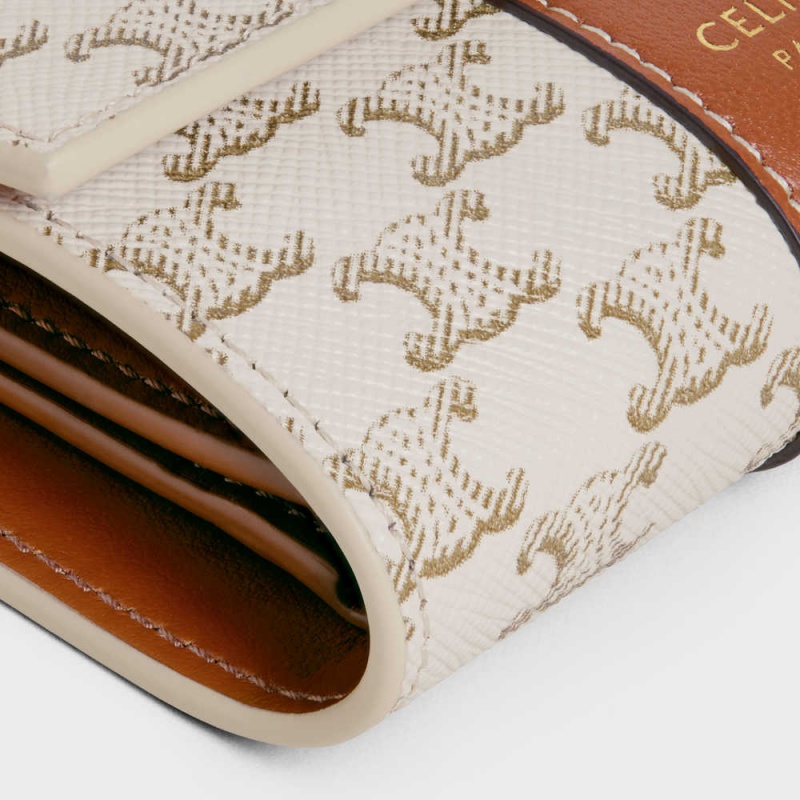Celine Small Trifold In Triomphe Canvas And Lambskin Geldbörse Weiß Braun | CL-593005