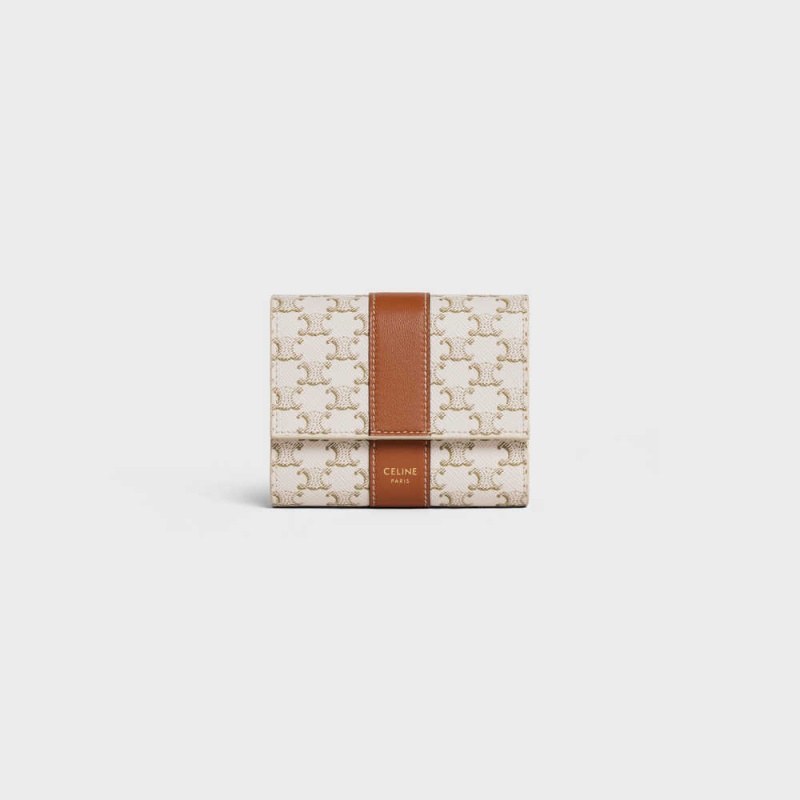 Celine Small Trifold In Triomphe Canvas And Lambskin Geldbörse Weiß Braun | CL-593005