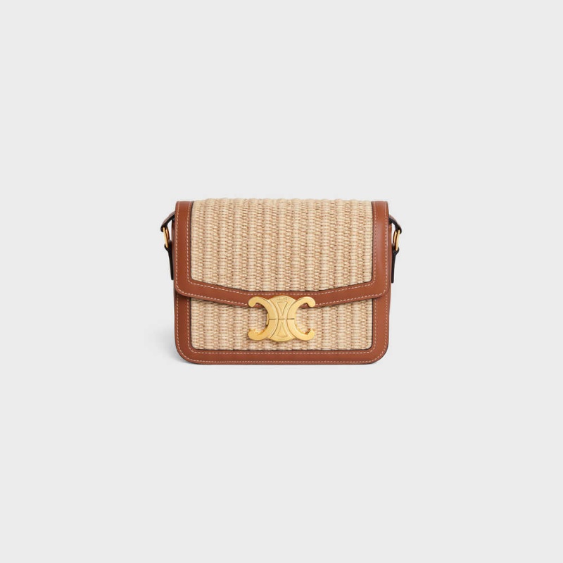 Celine Teen Bag In Raffia Effect Textil And Calfskin Triomphe Beige Braun | CL-593195